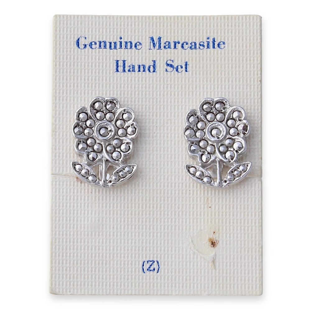 Vintage Genuine Marcasite Flower Earrings Silver Tone Screw Back Clip On
